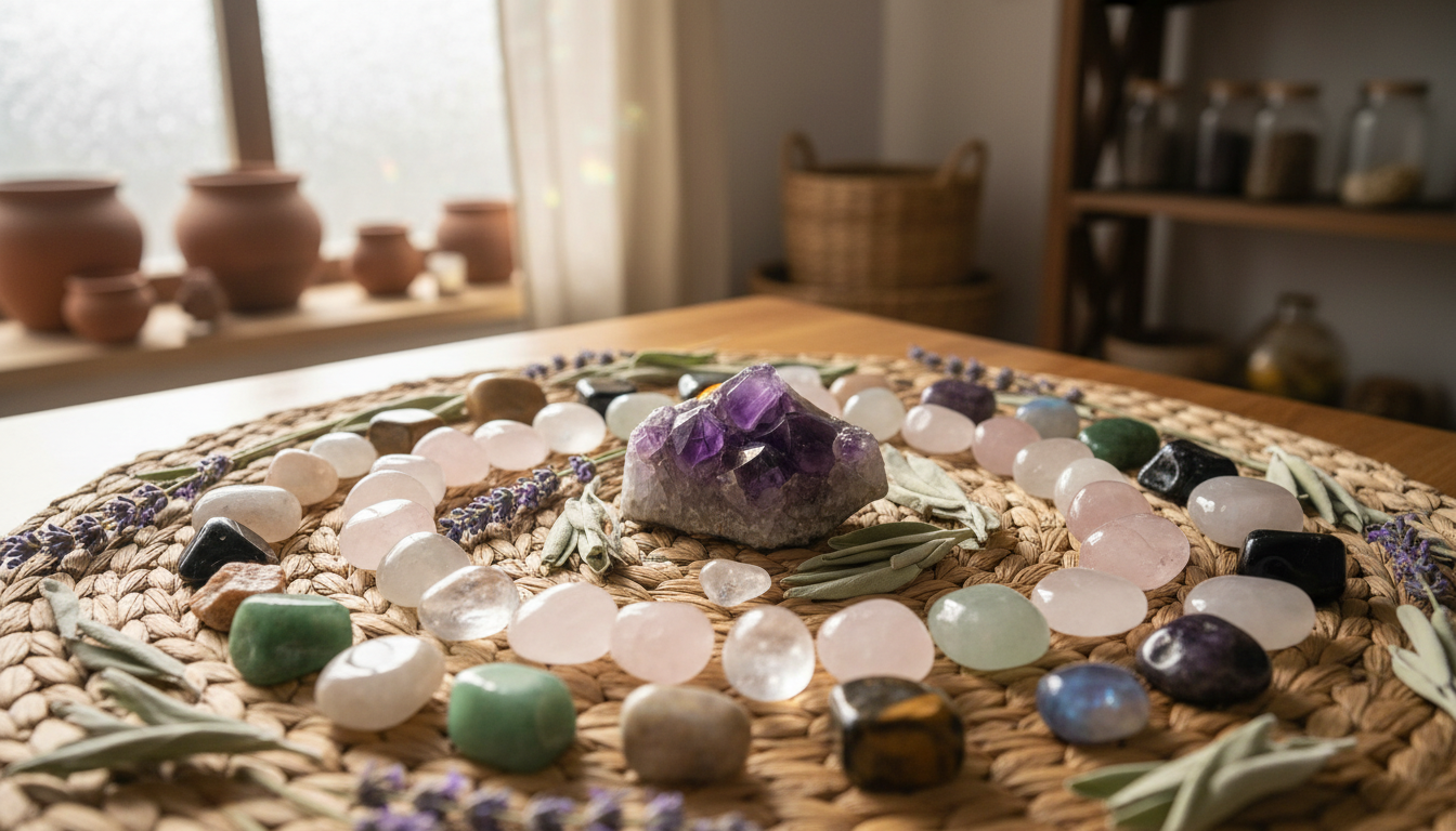 A vibrant collection of polished crystals and semi-precious stones arranged in a focused circle atop a smooth straw mat, surrounded by sprigs of fresh lavender and sage. The crystals glimmer softly under gentle, indirect sunlight filtering through a frosted window, casting faint rainbow reflections. The environment suggests a soothing treatment room, with blurred background elements of clay pots and woven baskets. The mood is tranquil, restorative, and infused with natural harmony. The composition uses an asymmetrical balance with sharp focus on the center stone, receding gently into a soft bokeh. The artistic style is natural, organic, and peaceful, perfectly capturing the site's holistic and energetic approach.